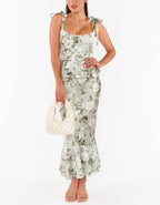 Light Green Floral Pattern Square Collar Bridesmaid Dress