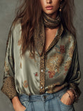Camisa de Satén con Flores y Ribete de Leopardo