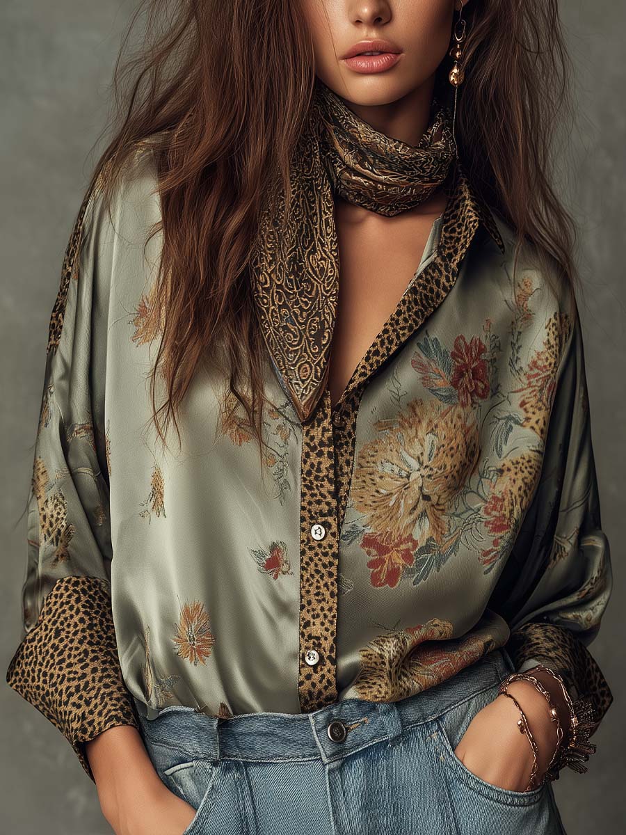 Camisa de Satén con Flores y Ribete de Leopardo