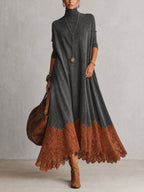 A-Linien-Kleid mit Stehkragen, Spitzeneinsätzen und langen Ärmeln