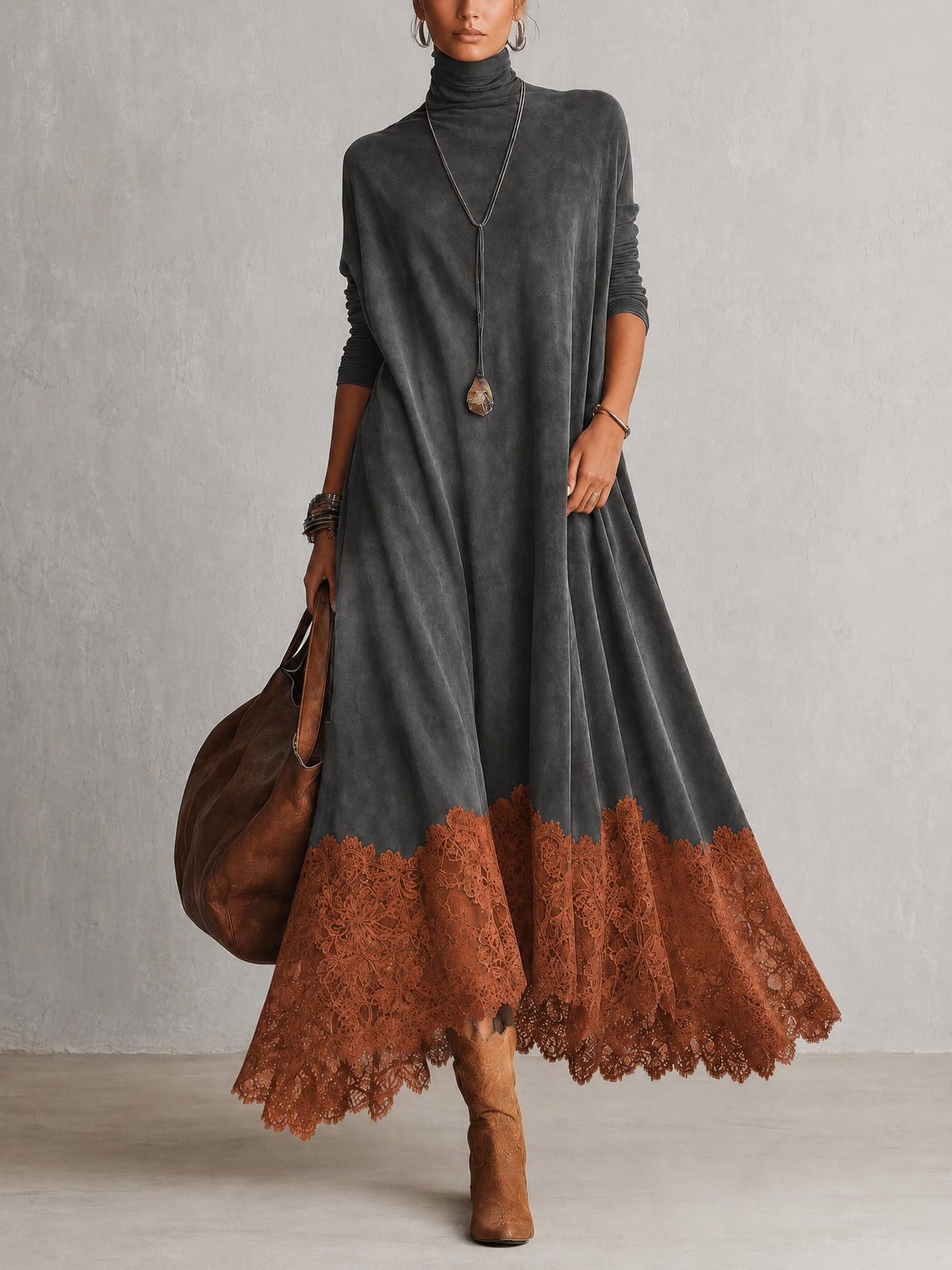 A-Linien-Kleid mit Stehkragen, Spitzeneinsätzen und langen Ärmeln