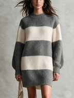 Vestido jersey corto de rayas anchas gris y crema con mangas globo