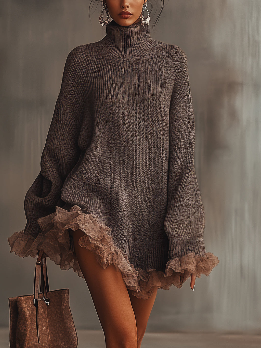 Vestido de Punto Marrón con Cuello Alto y Bajo con Volantes