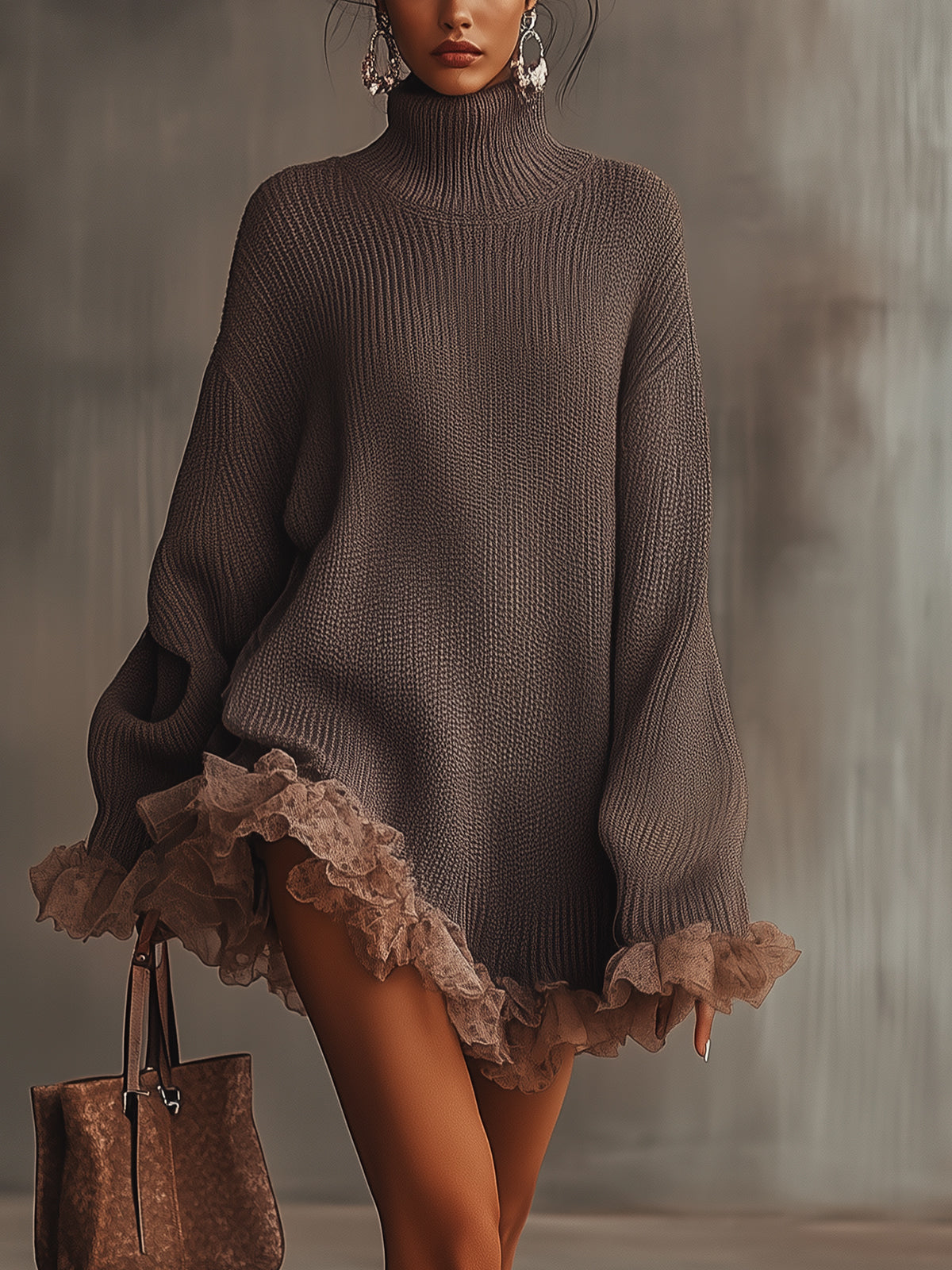 Vestido de Punto Marrón con Cuello Alto y Bajo con Volantes