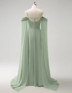 Light Green Off-the-shoulder Bridesmaid Dress with Detachable Sleeves