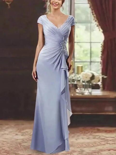 V-neck Solid Color Ruffles Maxi Dress