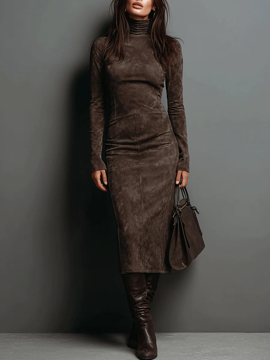 High-Neck Long-Sleeved Suede Midi Dress