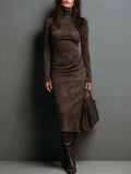 High-Neck Long-Sleeved Suede Midi Dress