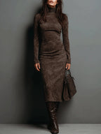 High-Neck Long-Sleeved Suede Midi Dress