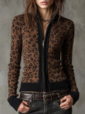 Vintage Leopard Print Slim Fit Zip-Up Cardigan