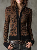 Vintage Leopard Print Slim Fit Zip-Up Cardigan