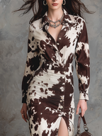 Vintage Cow Print Shirt Style Midi Dress
