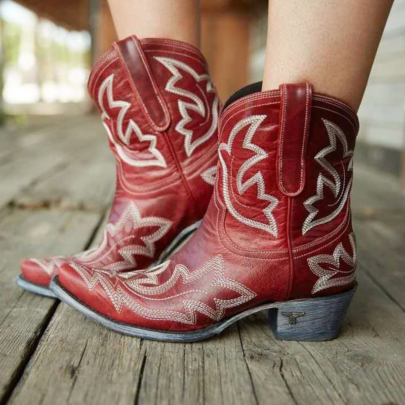 Botas Western Cortas Vintage con Bordado y Tacón Bloque