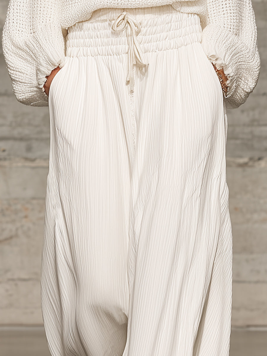 Pantalón Ancho Retro Blanco con Cinturilla Elástica