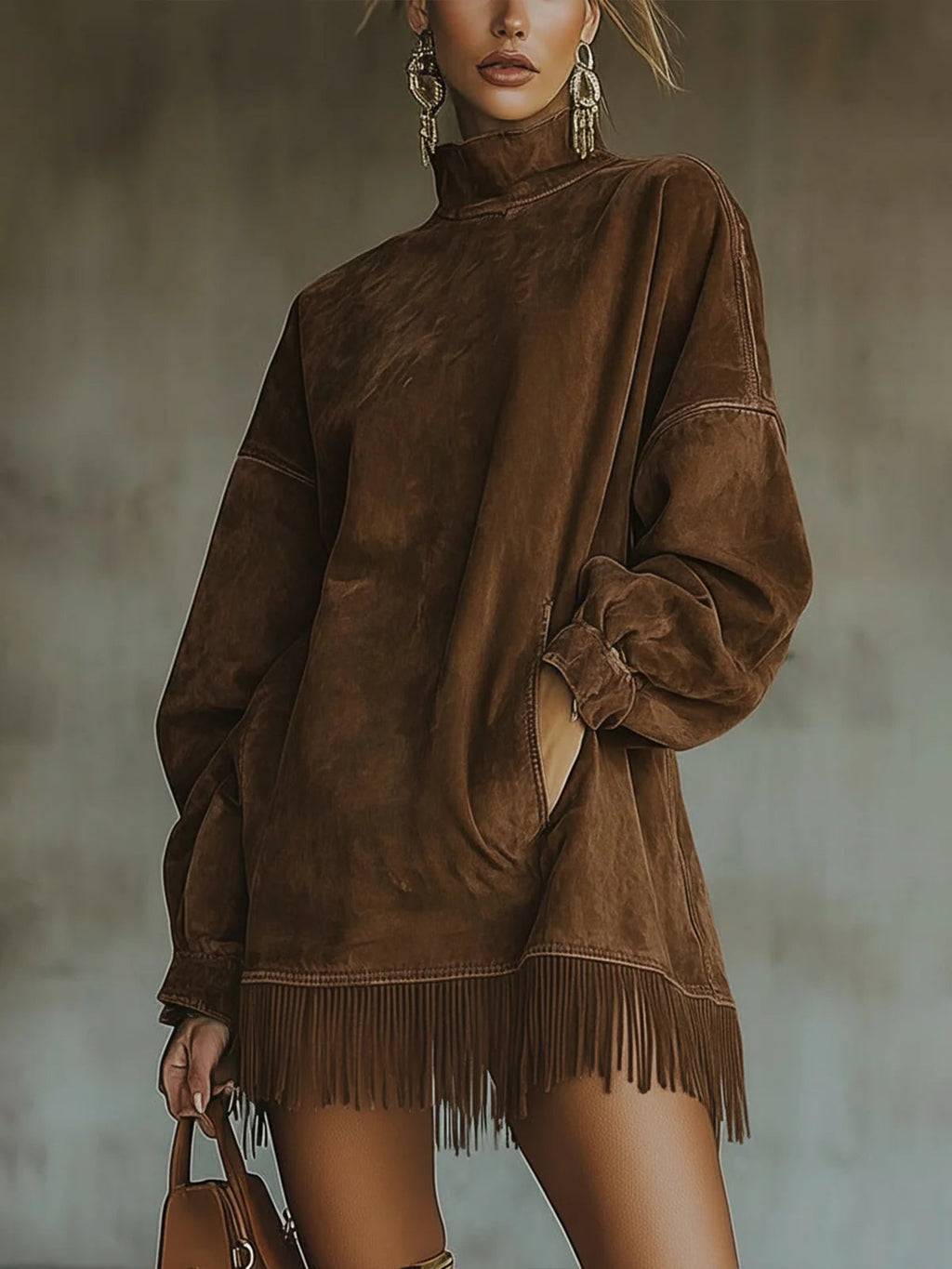 Vestido Mini de Ante Sintético con Cuello Alto y Bajo con Flecos