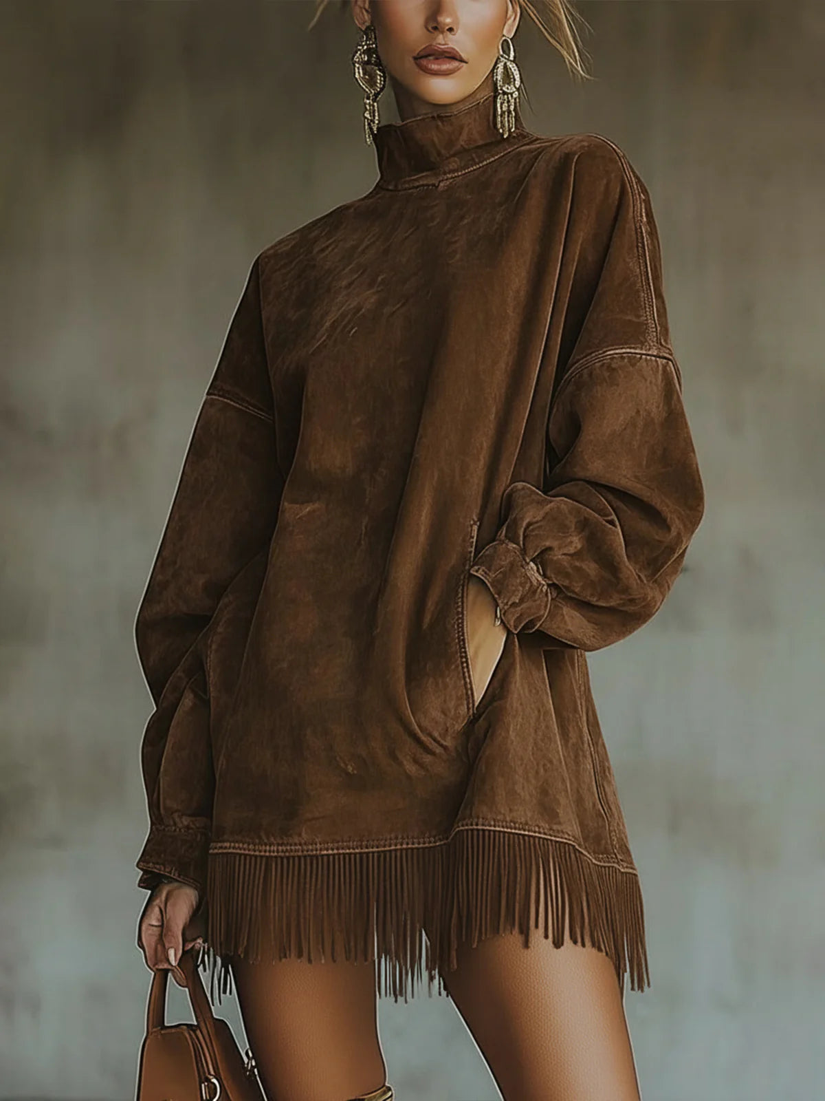 Vestido Mini de Ante Sintético con Cuello Alto y Bajo con Flecos
