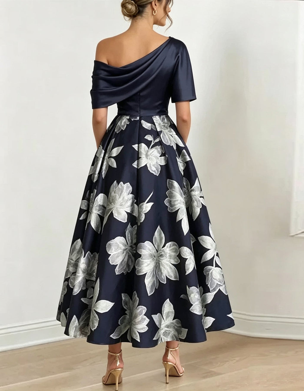 Retro Off-shoulder Solid Color Print Stitching Midi Dress