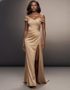 Champagne Satin Off Shoulder Maxi Dress