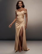 Champagne Satin Off Shoulder Maxi Dress