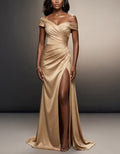 Champagne Satin Off Shoulder Maxi Dress