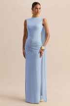 Vestido Largo Azul Empolvado con Escote Barco, Mangas Capa y Espalda Abierta