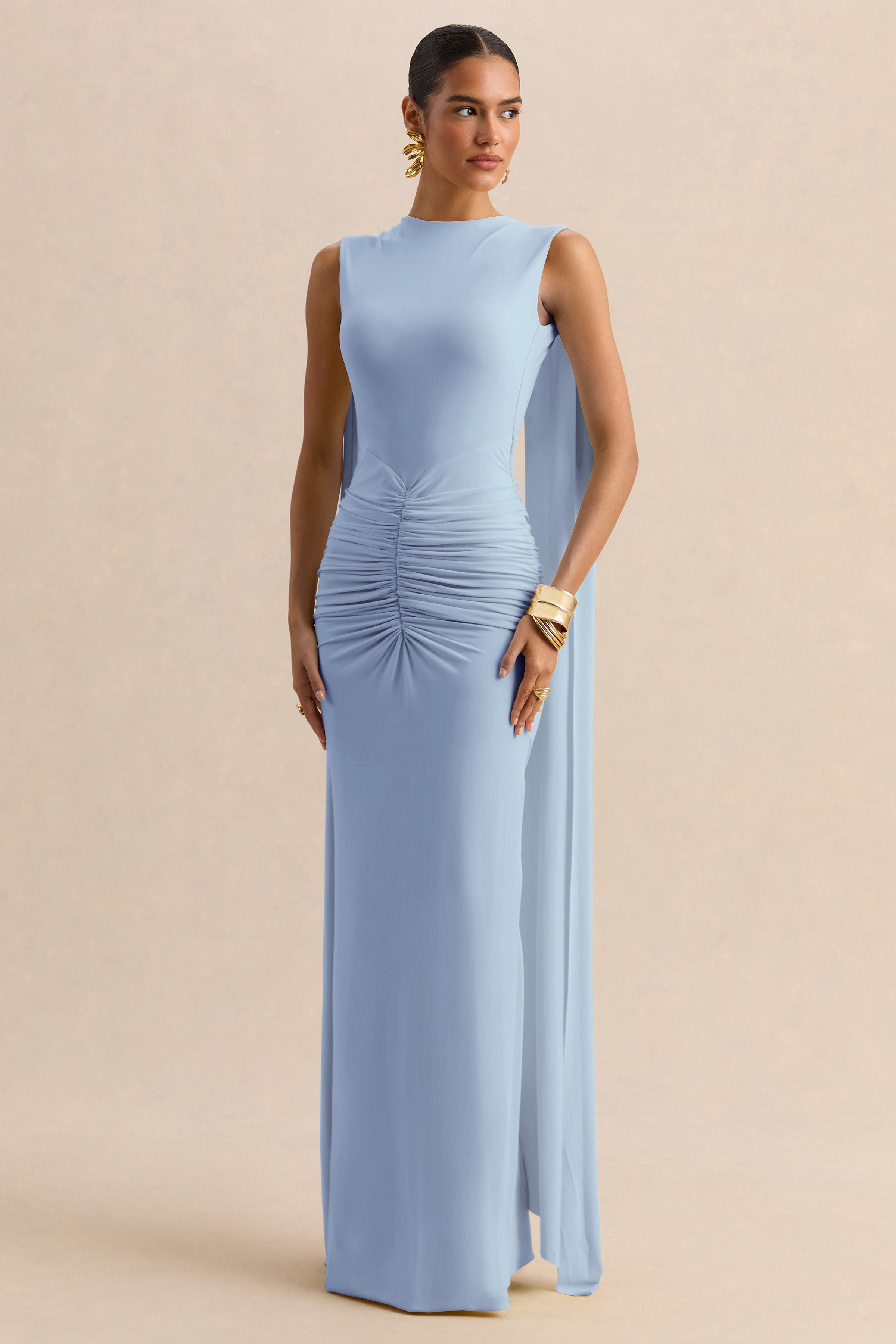 Vestido Largo Azul Empolvado con Escote Barco, Mangas Capa y Espalda Abierta