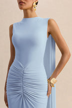 Vestido Largo Azul Empolvado con Escote Barco, Mangas Capa y Espalda Abierta