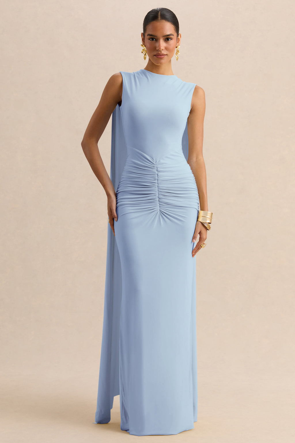 Vestido Largo Azul Empolvado con Escote Barco, Mangas Capa y Espalda Abierta