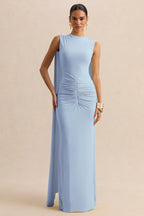 Vestido Largo Azul Empolvado con Escote Barco, Mangas Capa y Espalda Abierta