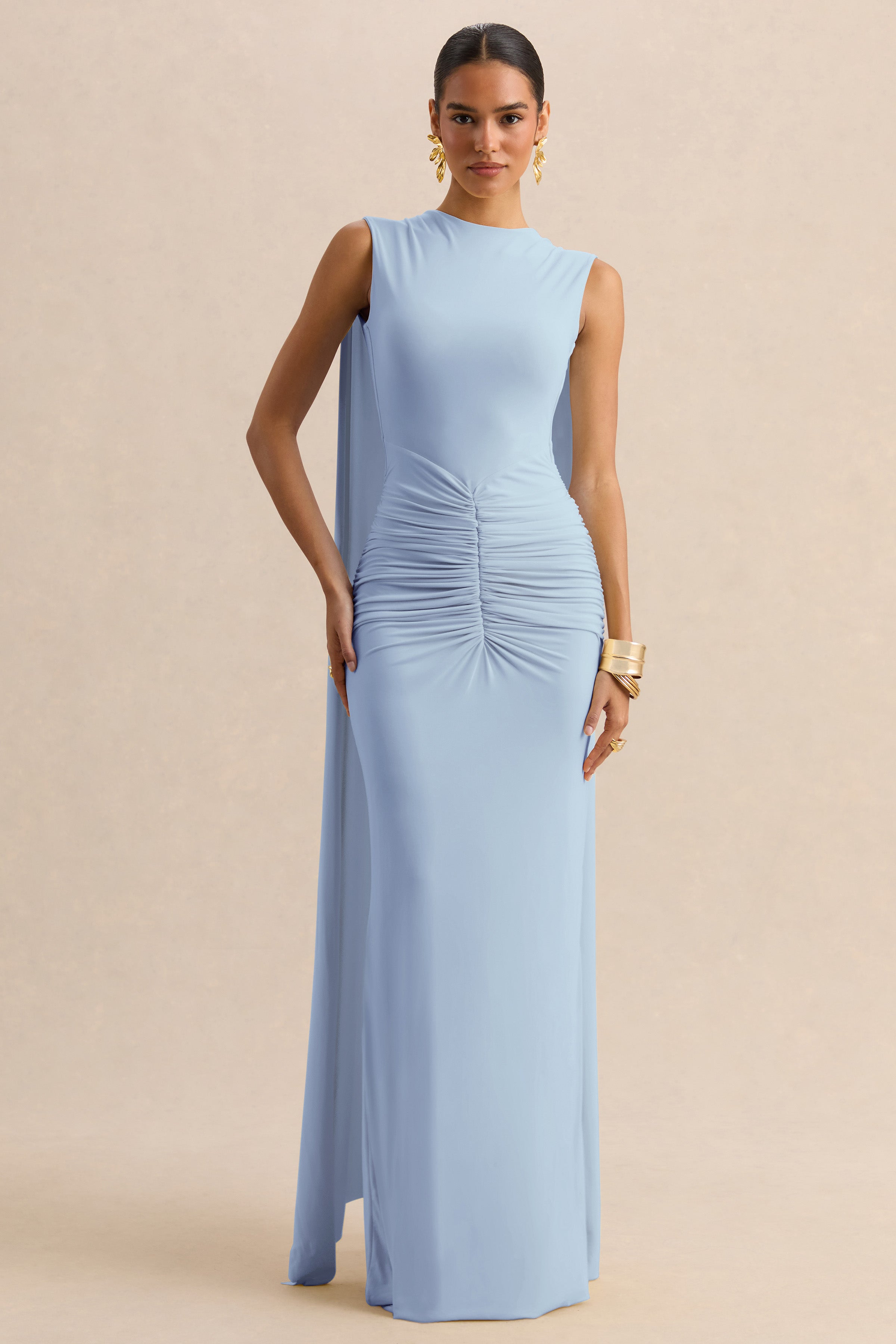 Vestido Largo Azul Empolvado con Escote Barco, Mangas Capa y Espalda Abierta
