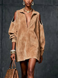 Vestido Mini de Ante Sintético Camel con Hombros Fríos