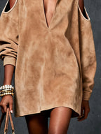 Vestido Mini de Ante Sintético Camel con Hombros Fríos