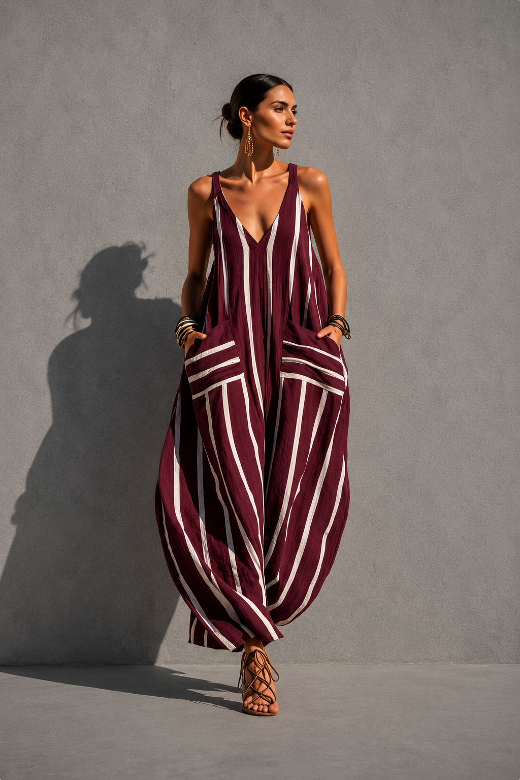 Mono Largo de Lino a Rayas Boho con Bolsillos y Escote en V