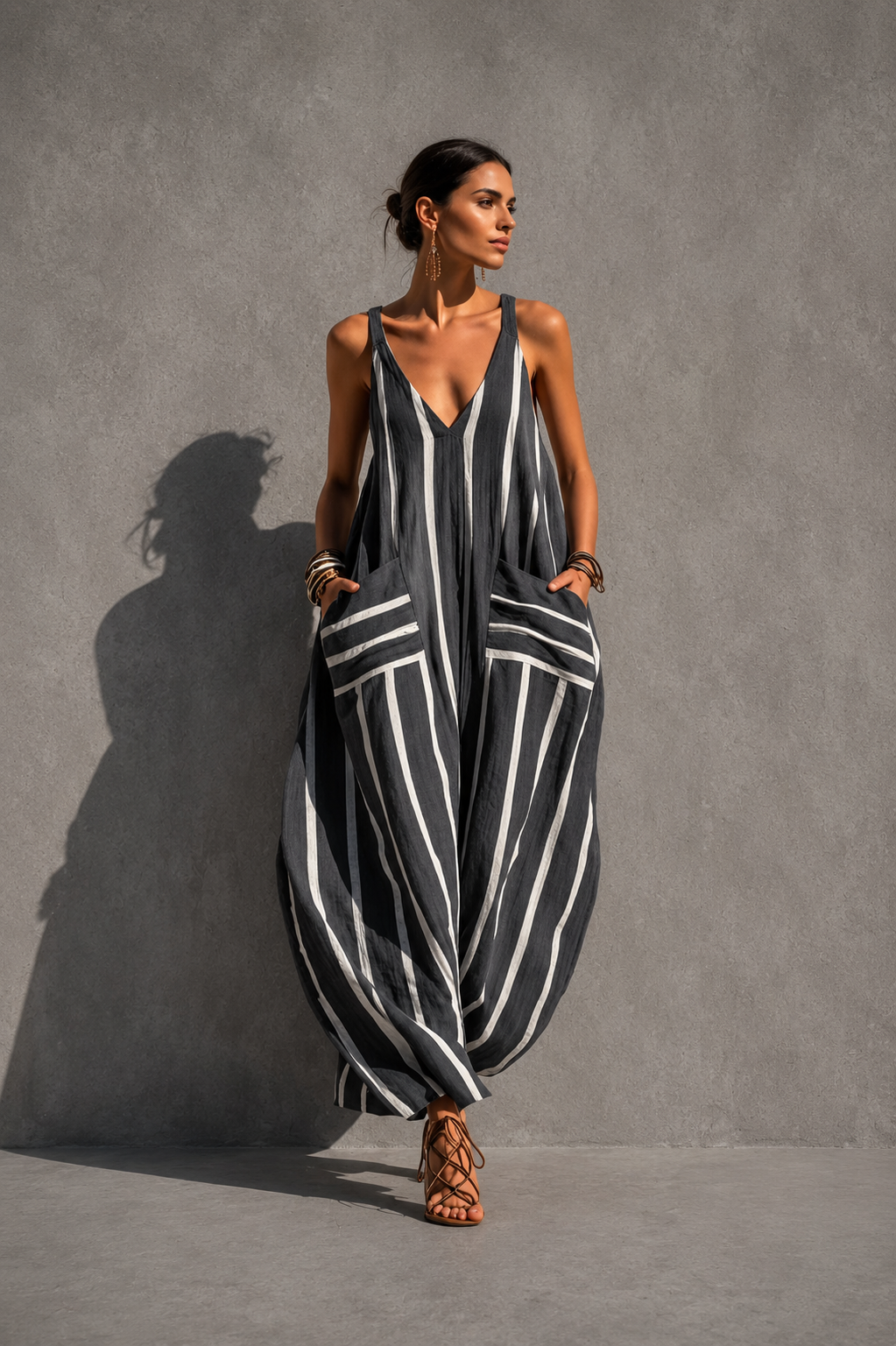 Mono Largo de Lino a Rayas Boho con Bolsillos y Escote en V