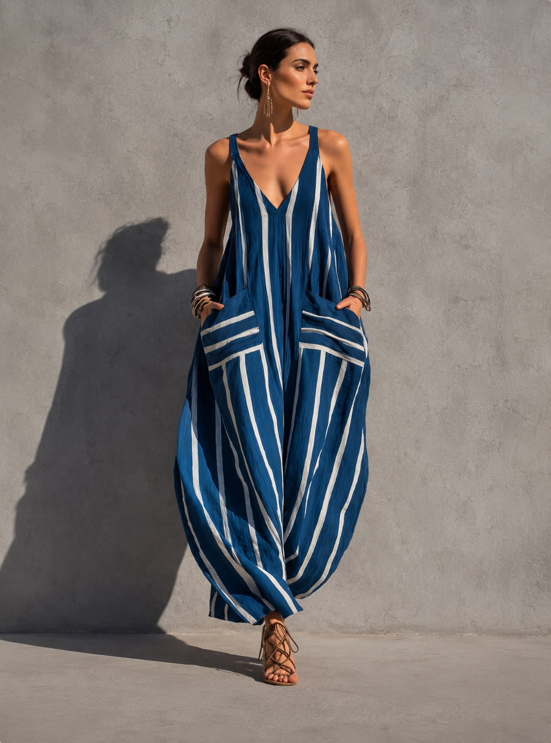 Mono Largo de Lino a Rayas Boho con Bolsillos y Escote en V