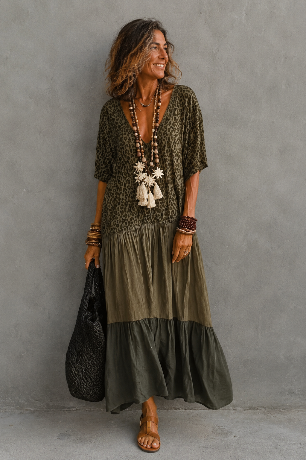 Vestido midi bohemio con estampado leopardo