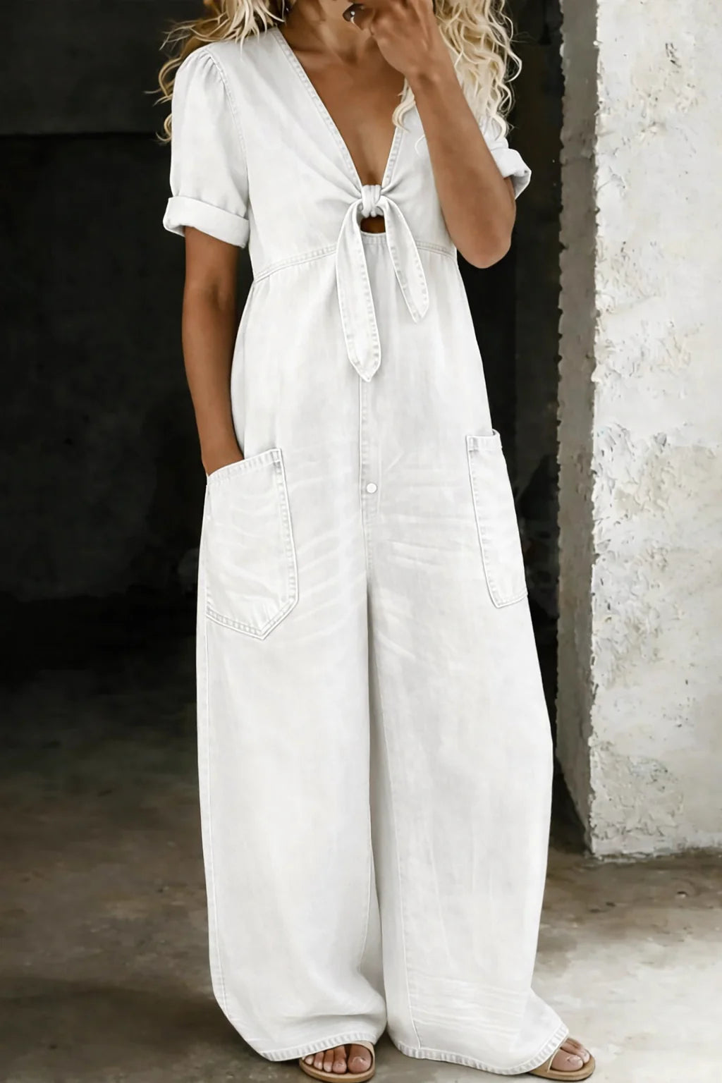 Pearl denim jumpsuit with V-neck
