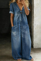 Pearl denim jumpsuit with V-neck