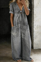 Pearl denim jumpsuit with V-neck