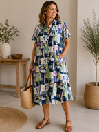 Vestido Camisero Estampado de Lino y Algodón