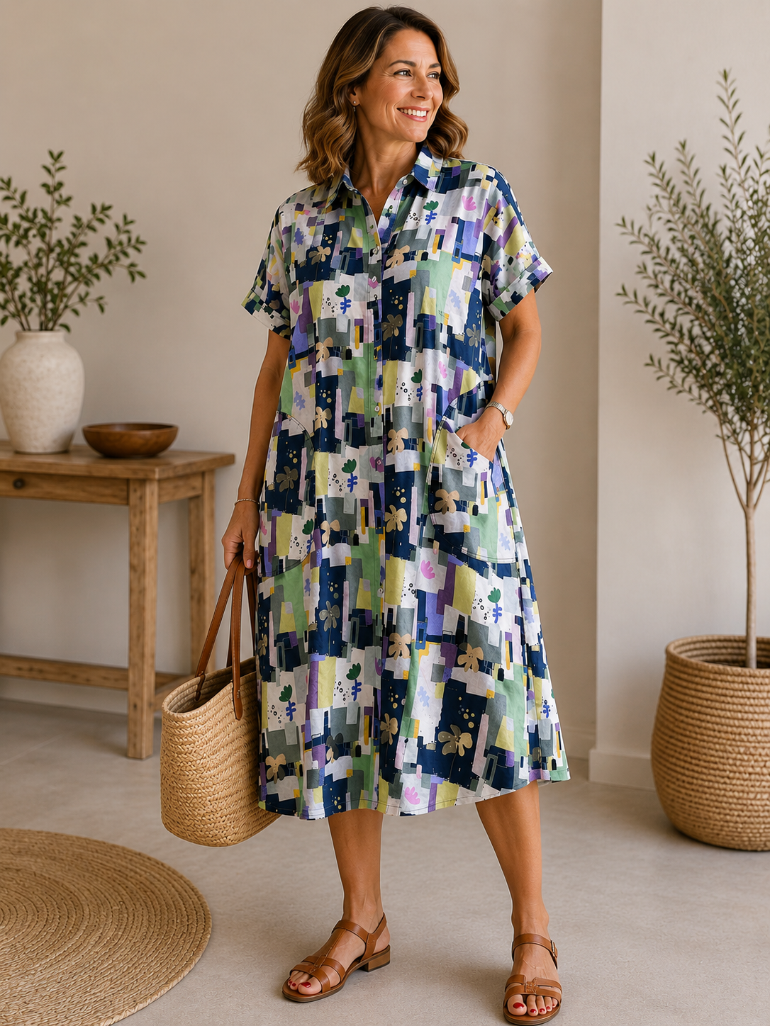 Vestido Camisero Estampado de Lino y Algodón