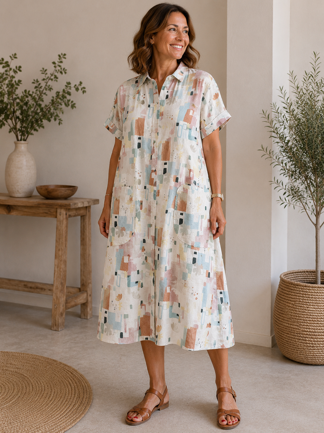Vestido Camisero Estampado de Lino y Algodón