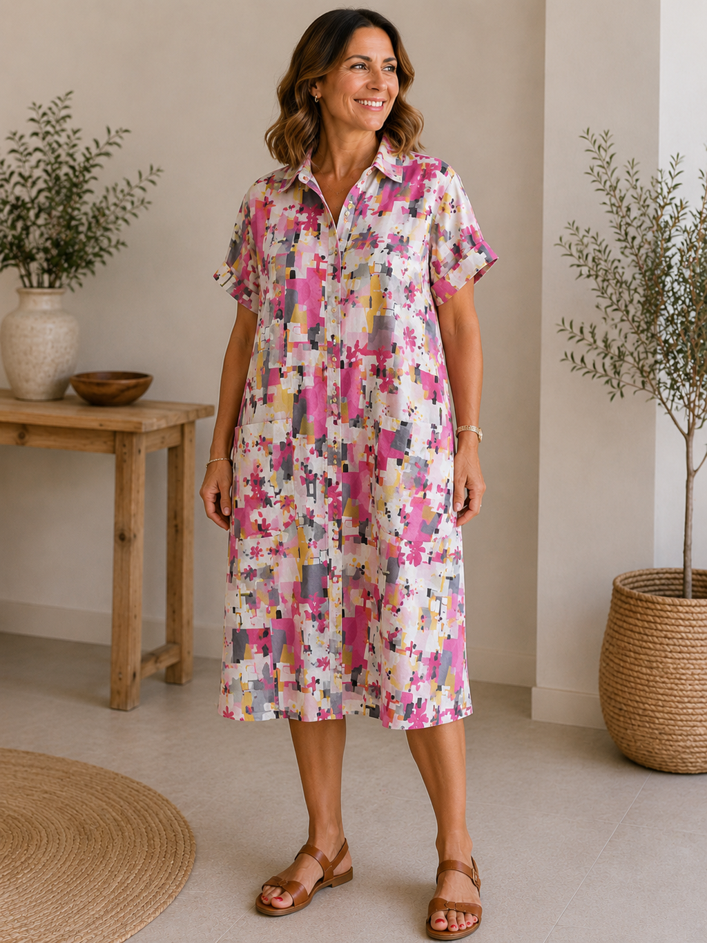 Vestido Camisero Estampado de Lino y Algodón