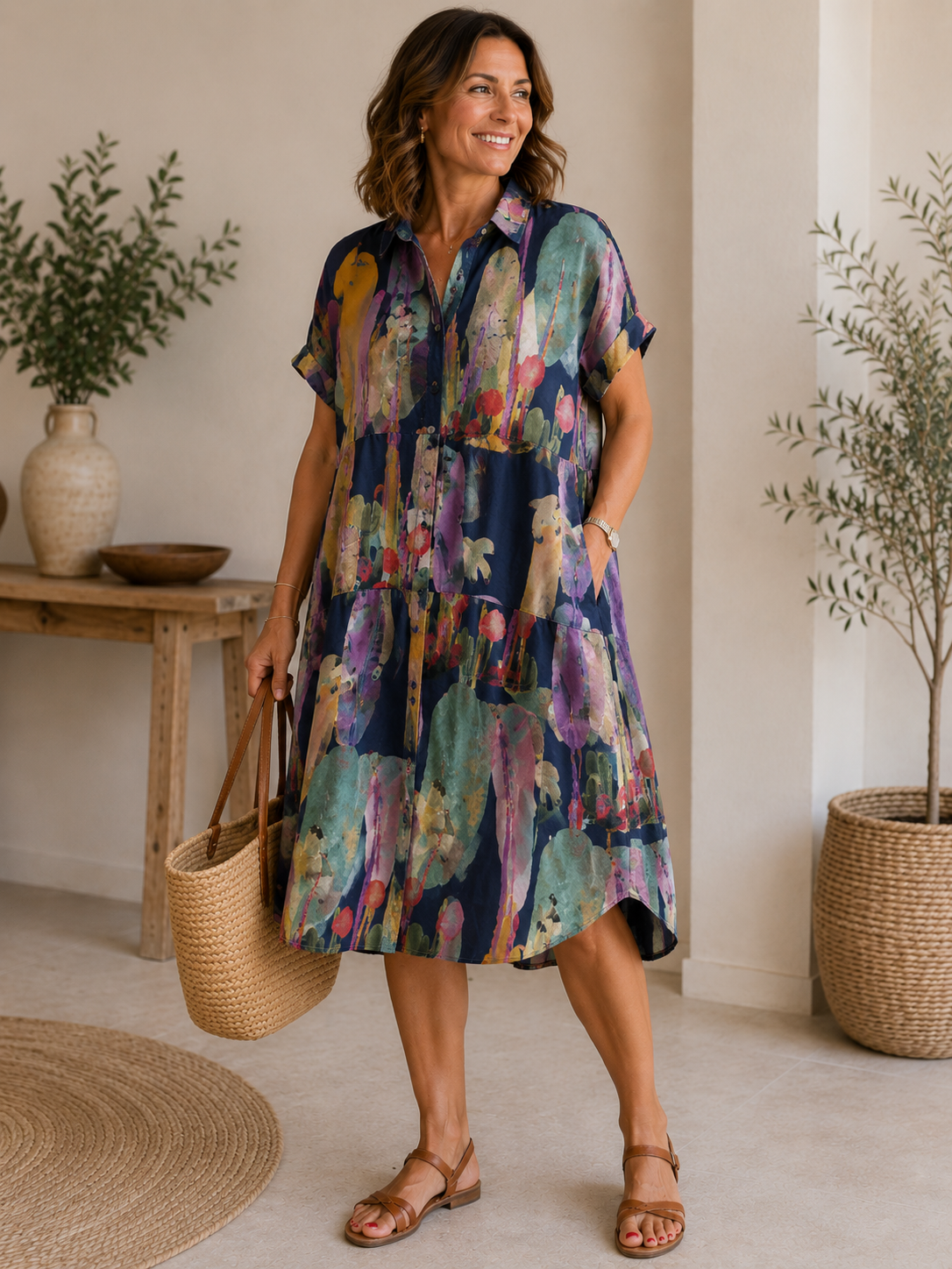 Vestido Camisero Estampado de Lino y Algodón