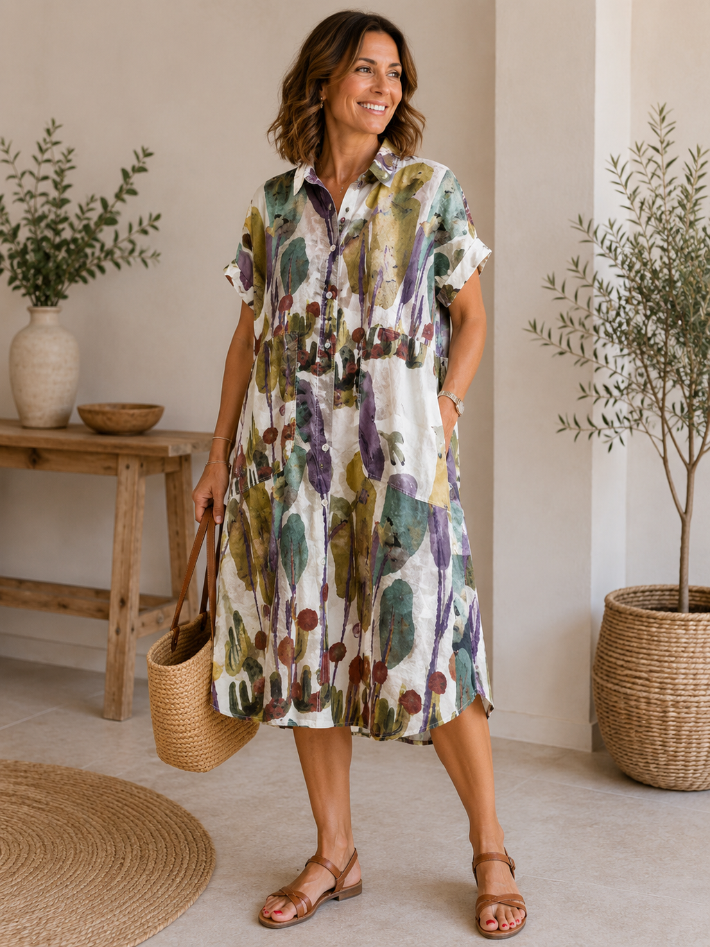 Printed Linen and Cotton Shirt Dress
