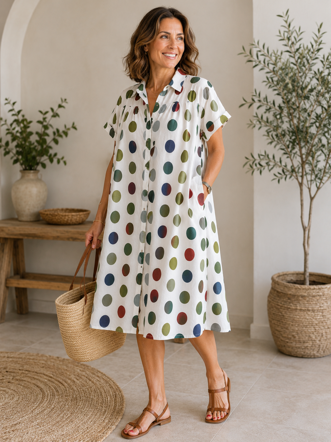 Vestido Camisero Estampado de Lino y Algodón