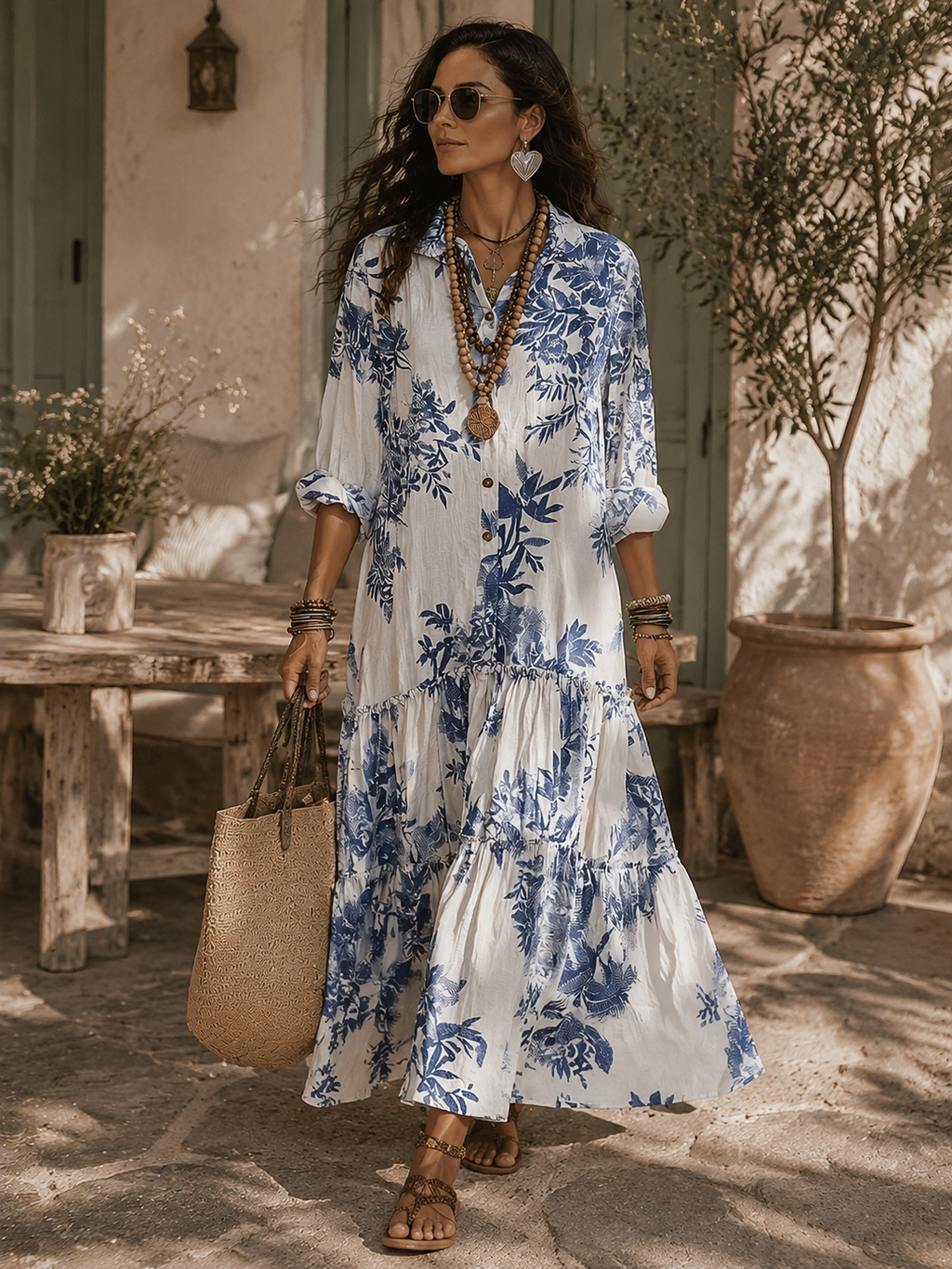 Lång blå boho-klänning med blommönster och knäppning.