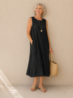 Aiko Natural Linen Midi Dress