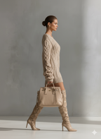 Vestido corto de punto de ochos beige con hombros descubiertos