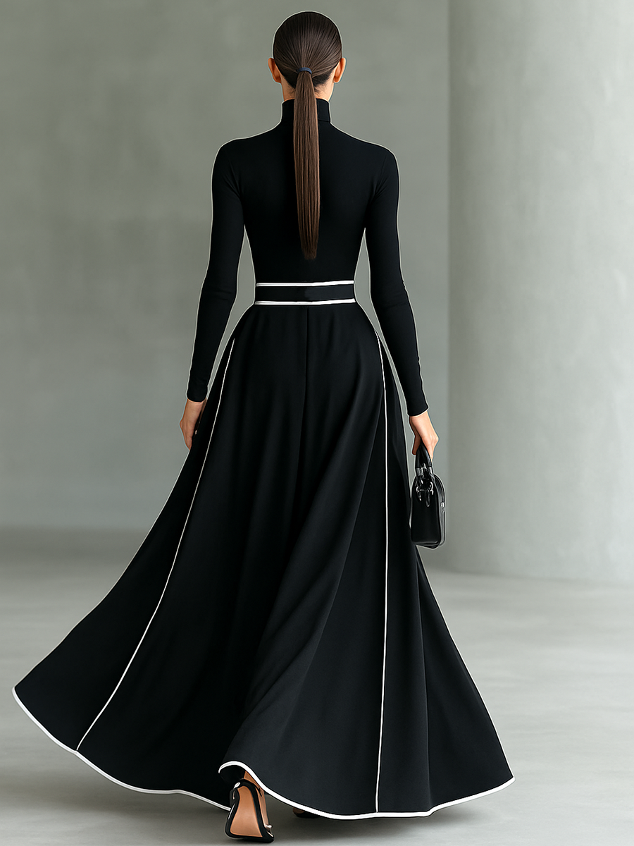 Vestido Maxi Negro con Cuello Alto Manga Larga y Cinturón